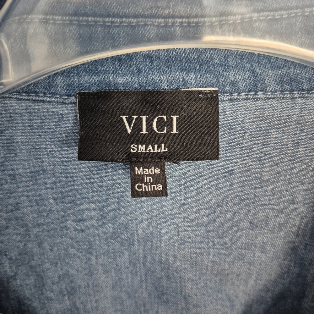 Vici Dress Denim Flirty Ruffle Short Puff Sleeve Mini Size S - Picture 8 of 13